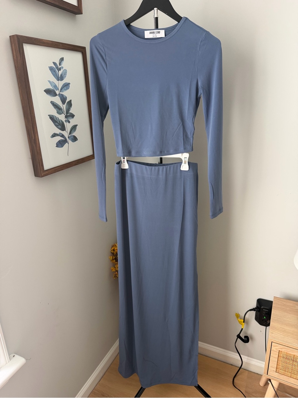Double Zero Dusty Blue Long Sleeve Crop Top with Maxi Skirt Set